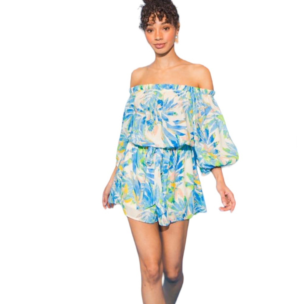 Off-Shoulder Floral Romper in Blue & Green